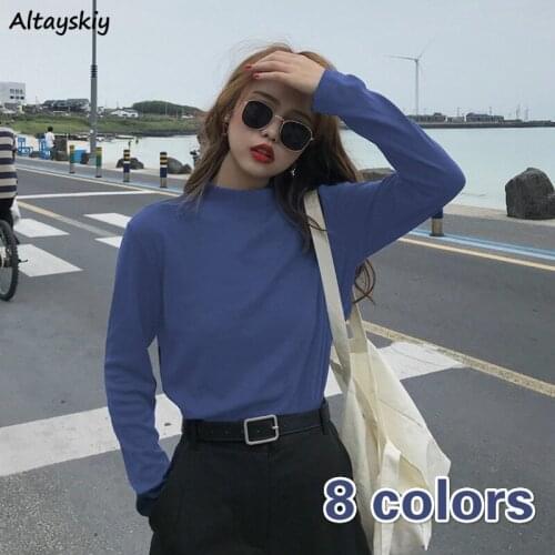 Tee Women Female Solid O-Neck Long Sleeve Leisure T-shirt for Lady Ins New Slim 8 Solid Color Basic Spring Top Korean All-match
