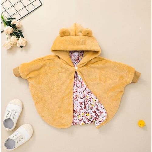 TELOTUNY Childrens Girls Hooded Coat Tops Double Layer Plush Solid Color Cotton Bat sleeve Cloak Mantle Outerwear Kids Clothing