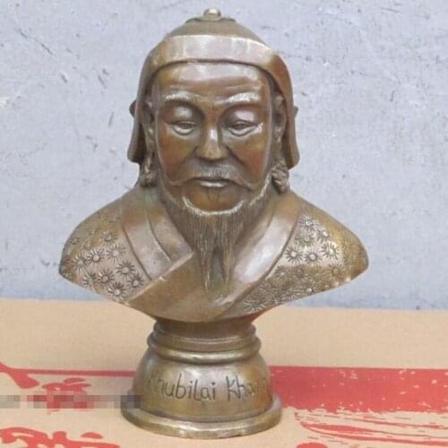 6"China Bronze ART sculpture Khubilai Khan Bust Kublai Khan Yuan Dynasty Empire Statue Statue
