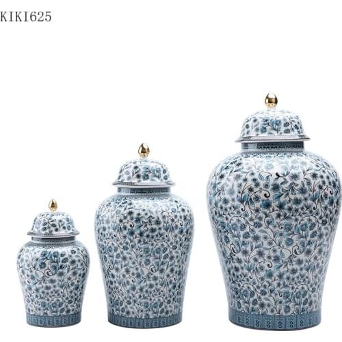 Classical Blue Flower and Leaf Pattern Ceramic Storage Jar with Lid Vase Flower Arrangement Exquisite Sealed Tea Pot Home Decor