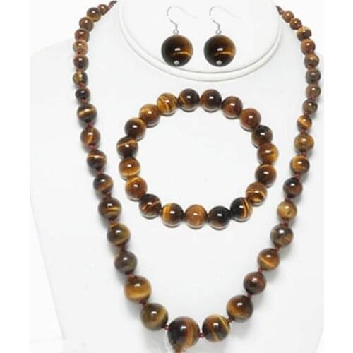 6-14MM GENUINE TIGER EYE GEMS ROUND NECKLACE 18" BRACELET EARRINGS SET