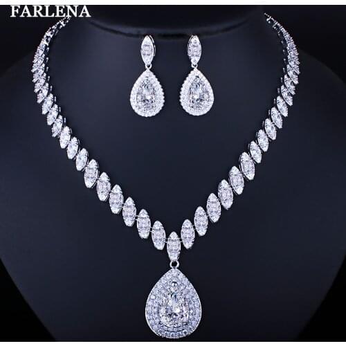 FARLENA Brand Silver plated Water drop Necklace Earring set with Cubic Zirconia Fashion Bridal Wedding Party Jewelry sets