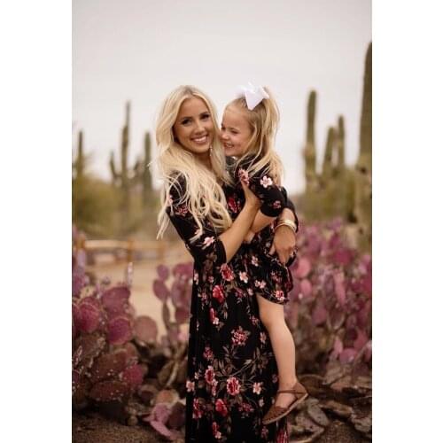 2020 New Mother & Daughter Parent-Child Matching Outfit Long Sleeve Flowers Floral Printed Dress