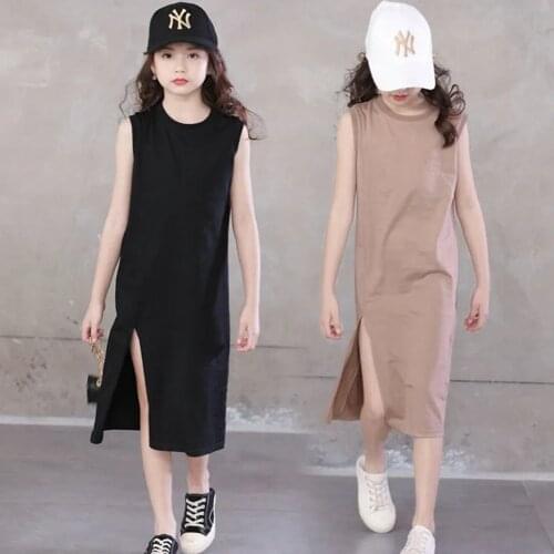 Black Khaki Sleeveless Cotton Dress For Girls Solid Mid-Calf O Neck Cute Kids Dresses Little Teenage Girls Summer Clothes 12 14