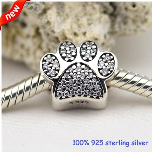 Fits Pandora Bracelets Paw Silver Beads With Clear CZ New Original 100% 925 Sterling Silver Charms DIY Wholesale 09246