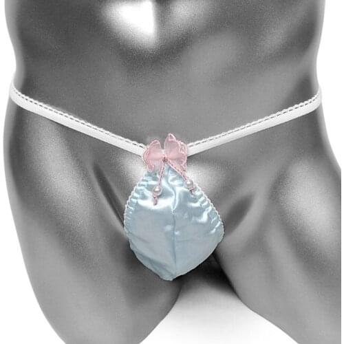 Sexy Mens Shiny Soft Satin Lingerie Underwear with Bowknot Smooth Touch Bikini Thongs G String High Cut Sissy Panties Underwear