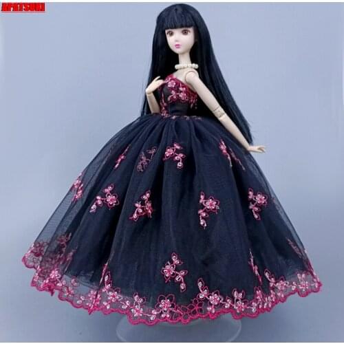 Black Red Flower Handmade Wedding Dress For Barbie Doll Clothes Outfits Party Gown 1/6 Dollhouse Accessories Kids Toys DIY