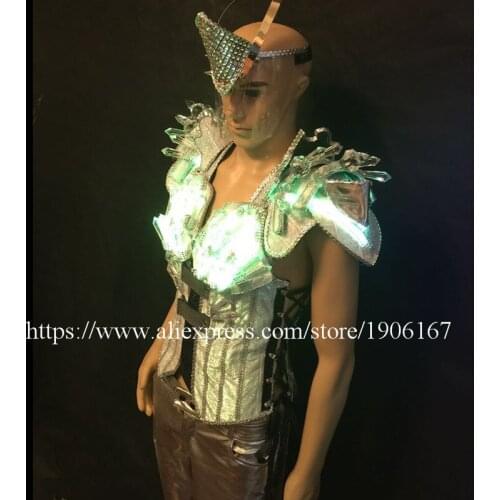 Led Luminous Performance Crystal Costumes LED Mens Clothing DJ Suits With Led Mask Singer Dancer Led Flashing Stage Wear