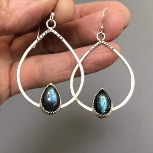 Bohemian Big Drop Shape Turquoise Earrings Retro Thai Silver Fashion Simple Earrings For Women Brides Wedding Party Jewelry