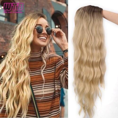 WTB Synthetic Long Wavy Wigs for Women Ombre Blonde Brown Natural part Side Wig Heat Resistant Cosplay Party Fake Hair