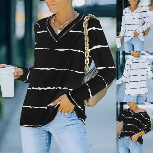 Striped Printed Long Sleeve Autumn T-Shirt Tops V Neck Black White Fashion Casual Ladies Tshirt Blouses Tshirt Tee Shirt