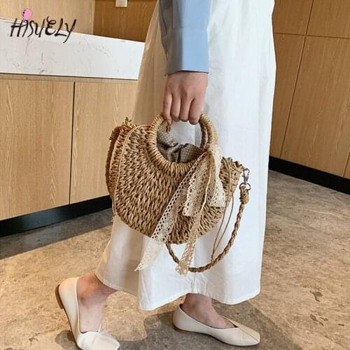 2021 Handmade Women Straw Bag Hand-Woven Handbags Moon Shape Rattan Bag Big Capacity Drawstring Casual Travel Beach Shoulder Bag