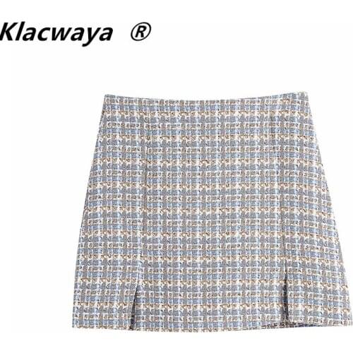 Klacwaya Women 2021 Chic Fashion Front Slits Tweed Mini Skirt Vintage High Waist Side Zipper Female Skirts Mujer