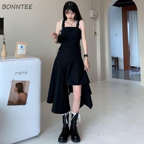 Dresses Women Asymmetrical Solid Black Square Collar Sleeveless Summer Party Preppy Style Ins Design Fashion Classic Teens New