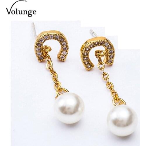Womens Drop Earrings Cubic Zirconia Imitation Pearl Tassel Korean Alloy Drop C Shape Jewelry For Women 2018 New Jewelry