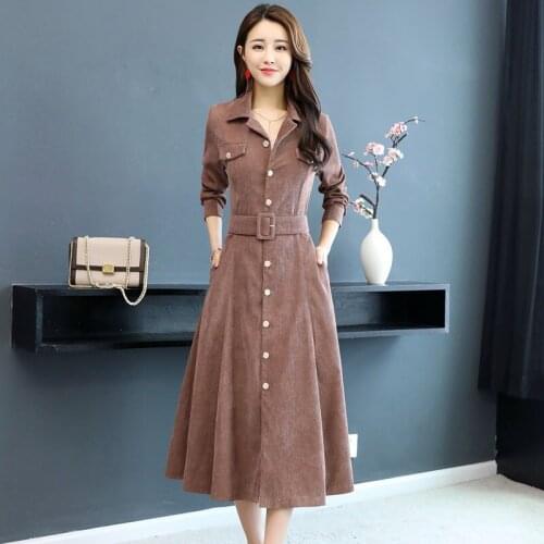 Womens 2020 Spring Autumn Cotton Casual Dress Temperament High Waist Long Sleeve Dress Women Korean Mid-length Vestidos Q152