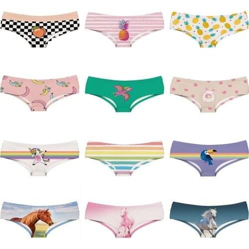 3D Pink Horse Pattern Polyester Women Underwear Rainbow Bird Unicorn Banana Girl Briefs Peachy Chessboard Lady Panties