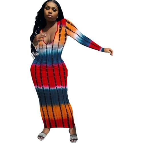 Women Dress Tie Dyeing Print Striped Sexy Long Sleeve Deep V-neck Fall Autumn Bodycon Long Maxi Dress Outfits