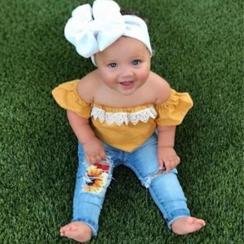 AU 2PCS Toddler Baby Girl 12M-5T Kid Off Shoulder Lace Tops Denim Pants Outfit Clothes