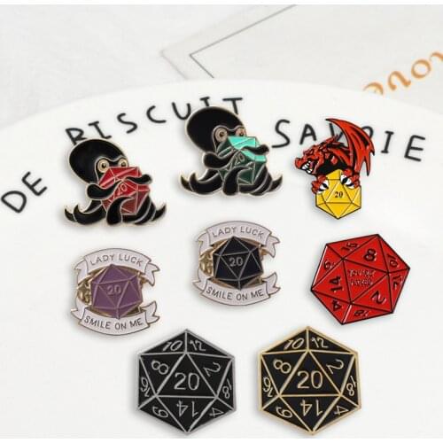 20 Sided Dice Gem Pins Dragon Octopus Punk Brooches Badges Fashion Enamel Backpack pins For Cool friends Gifts Jewelry wholesale