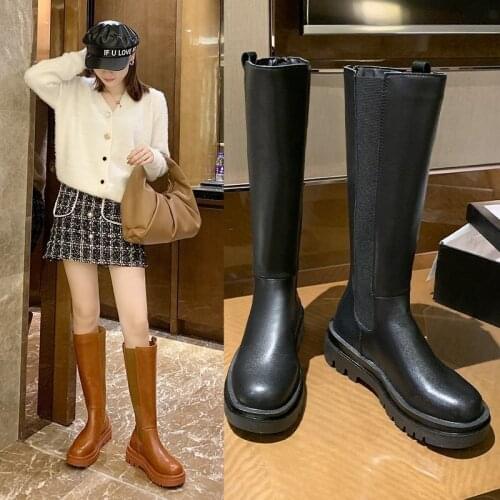 2021 White Womens Thigh High Boots Genuine Leather Round Toe Knee High Boots Thick Bottom Casual Shoes Zipper Botas Altas Mujer