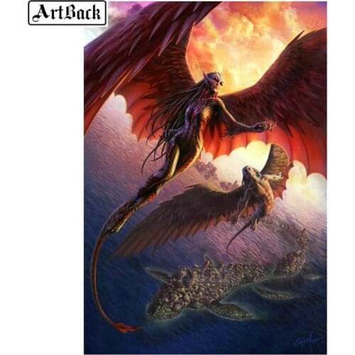 5d diy diamond painting red dragon full square / round 3d woman wings landscape canvas embroidery mosaic diamond art