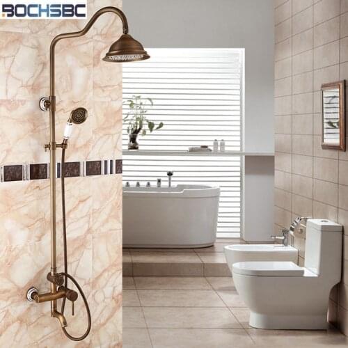 BOCHSBC Antique Brass Round Shower Sets with Rotatable Lifting Blue and White Porcelain Carved Rainfall Shower Head Wall Mounted