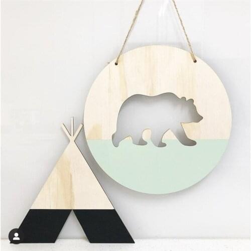 Polar Bear Wood Wall Hanging Pendant for Kids Room Decoration Nordic Ornaments Bedroom Wall Decor Baby Play Tent Photo Props
