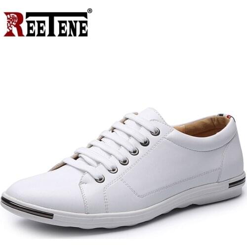 REETENE Leather Casual Flats Men Shoes Leather White Sneakers Low Top Male Shoes Masculino Adulto Loafers Plus