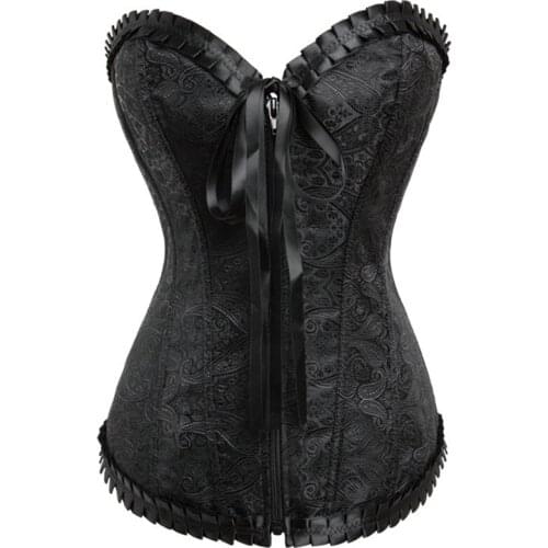 Latex Women Jacquard Black Sexy Gothic Push Up Corpete Corselet Body Shaping Slimming Zipper Corsets And Bustiers Chest Binder