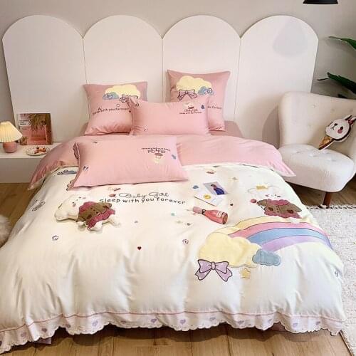 Cute Cartoon Rainbow Bear Embroidery White/Pink 600TC Egyptian Cotton Princess Girl Bedding Set Duvet Cover Bed Sheet Pillowcase