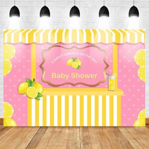 Neoback Sweet Lemon Photo Background Baby Shower Newborn Photography Backdrop Summer Drink Shop Banner Pink Yellow Stripes