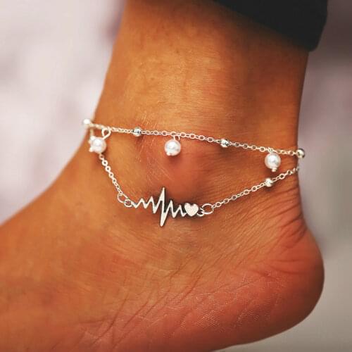 Fashion Anklets Bracelet For Ankle Vintage Silver Color Simulation Pearl Heart Beads Anklet Woman Bohemian Jewelry