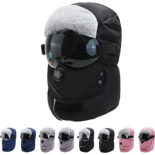 3PCS Fashion Warm Cap Trooper Winter Hats Classic Hat for Men Women Russian Trapper Hat Windproof Face Cover Lens Glasses