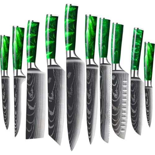 Stainless Steel Chefs Knife Set Damascus Laer Pattern Resin Handle Kitchen Knife Meat Vegetable Cutter Cooking Knives Set
