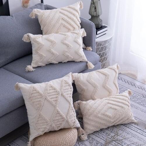 Tassels Cushion Cover Beige Pillow Cover Handmade Square Home Decoration for living Room Bed Room Zip Open 45x45cm/30x50cm