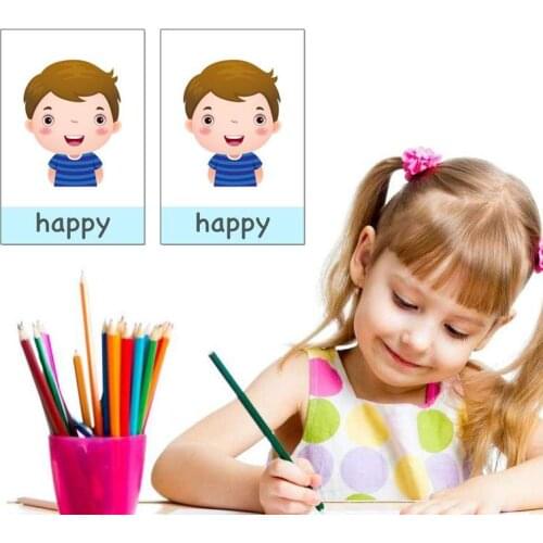 14pcs Montessori Kids English Learning Cards Cartoon Emotion Flash Card For Children Baby Early Educational Memory Game Toys