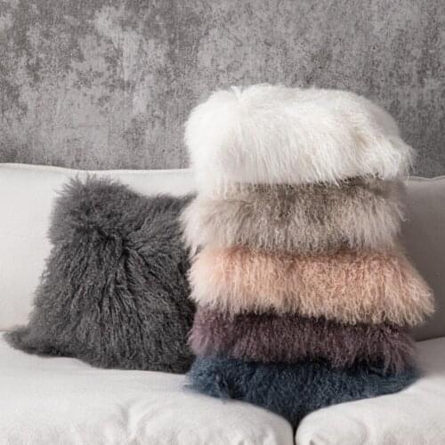 Genuine natural Mongolian sheepskin fur pillow without core 45x45cm , single side real curly sheep fur cushion without stuff