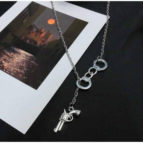 QiLuxy Retro Pistol Handcuffs Gun Pendant Necklace For women Punk Antique Weapon Alloy Beads Chains Jewelry Party Gifts