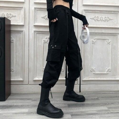 QWEEK Techwear Black Cargo Pants Women Oversize Gothic Harajuku Streetwear High Waist Joggers Harem Trousers Female Mall Goth