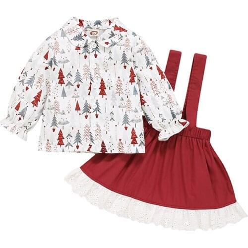 Christmas 1-4Years Little Girl Skirt Two Pieces Suit Fresh Leaves Print Long Sleeve Shirt Flounce Suspender Skirt Kid Party Xmas