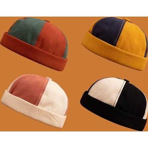 Men Women Skullcap Sailor Cap Solid Color Rolled Cuff Bucket Cap Brimless Hat Leather Adjustment Buckle Cotton Hats Mixed color