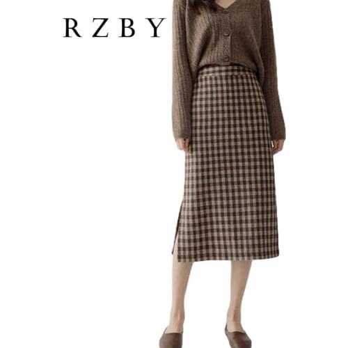 Woolen Plaid Skirt Mid-Lenth Female High Waist Bag Hip Skirt New Autumn Winter Korean Side Slit Over-the-knee Falda RZBY187