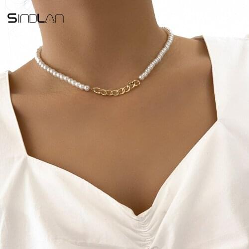 Sindlan One Piece Vintage Gold Chain Pearl Necklace for Women Kpop Boho Geometric Choker Aesthetic Female Y2k ZA Fashion Jewelry