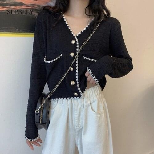 SLPBELY Knitted Cropped Cardigans Spring Autumn Casual Women Loose V Neck Sweater Top Korean Button Cardigan Knitwear Jacket