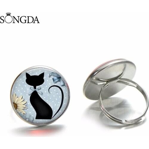 SONGDA Cute Cat Flower Umbrella Lover Glass Cabochon Rings For Women Couple Ring Adjustable Bronze Silver Color Ring Jewelry