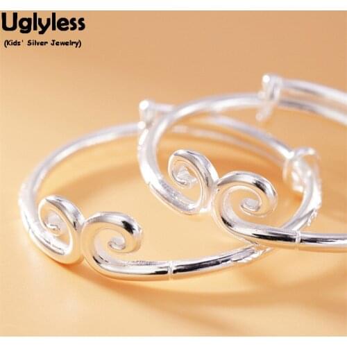 Uglyless 1 Pair Push-pull Childrens Bangles Glossy 99.9% Full Silver Curved Fine Jewelry for New Born Babies Adjustable Bangles