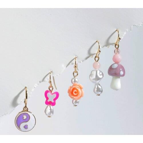 Y2K Jewelry 5pcs Yin Yang Butterfly Mushroom Earrings for Women Irregular Pearl Beads Vintage Earring Charms 90s Aesthetic Gift