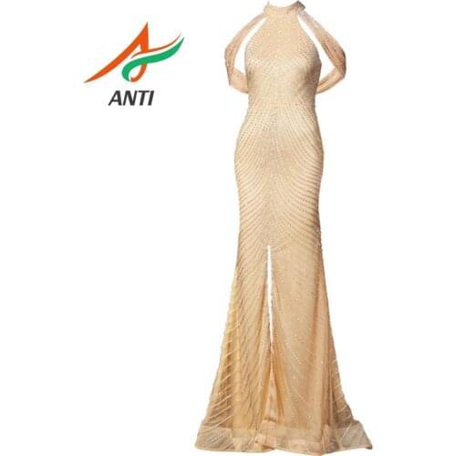 ANTI Sexy Champagne Evening Dresses 2019 Off Shoulder Halter Neck High Split Ruffles Elegant Women Mermaid Formal Party Gowns