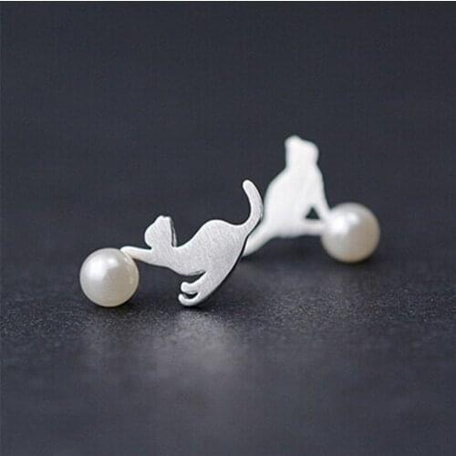 925 Sterling Silver Pearl Cat Stud Earrings For Women Sterling-silver-jewelry Pendientes Mujer eh134